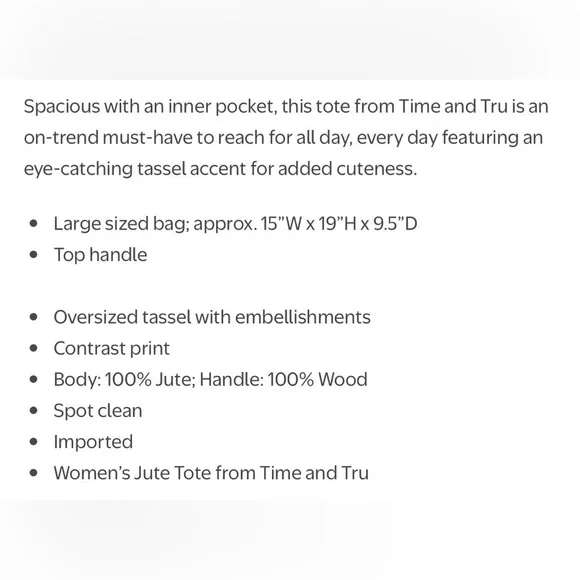 Time and Tru Wood Handle Jute Tote Coral Tassels Wooden Handle - Picture 11 of 11